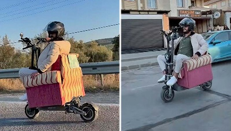 Trafikte ilginç dakikalar: Scooter üzerine koltuk monte etmiş