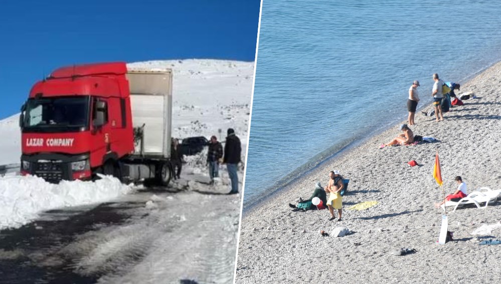 İki fotoğraf da bugün çekildi: Bir yanda kar ve tipi, diğer yanda deniz ve güneş keyfi