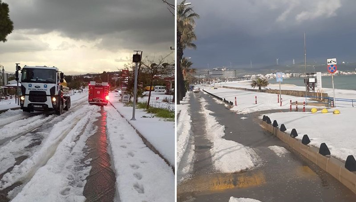 Dolunun etkili olduğu Çeşme'de plajlar beyaza büründü