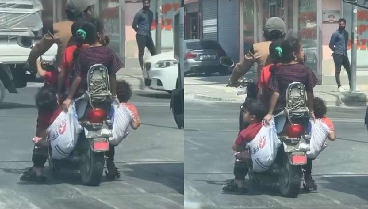 Adana'da 6 kişinin bindiği motosiklette çocuklar çuvalla taşındı